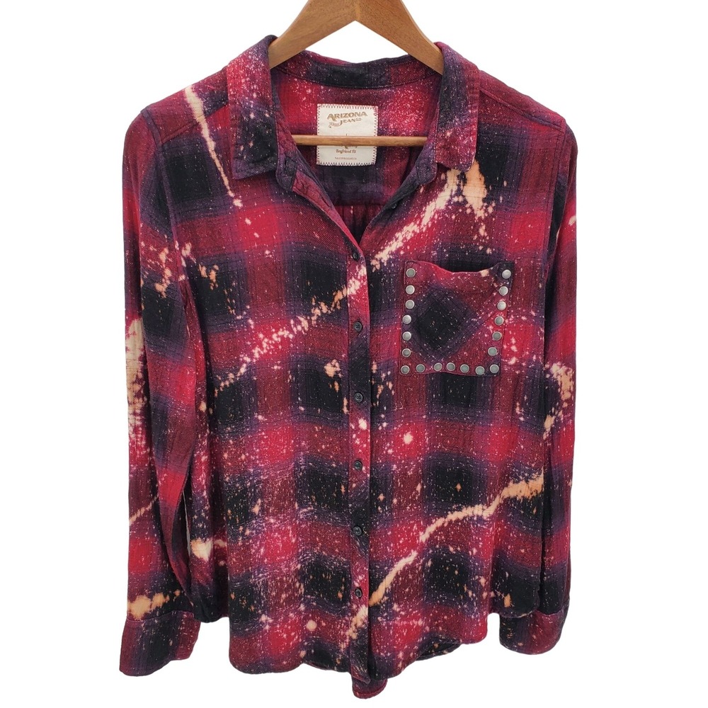Upcycled Womens L Bleach Dye Plaid Grunge Shirt Long Sleeve Studded Pocket‎
